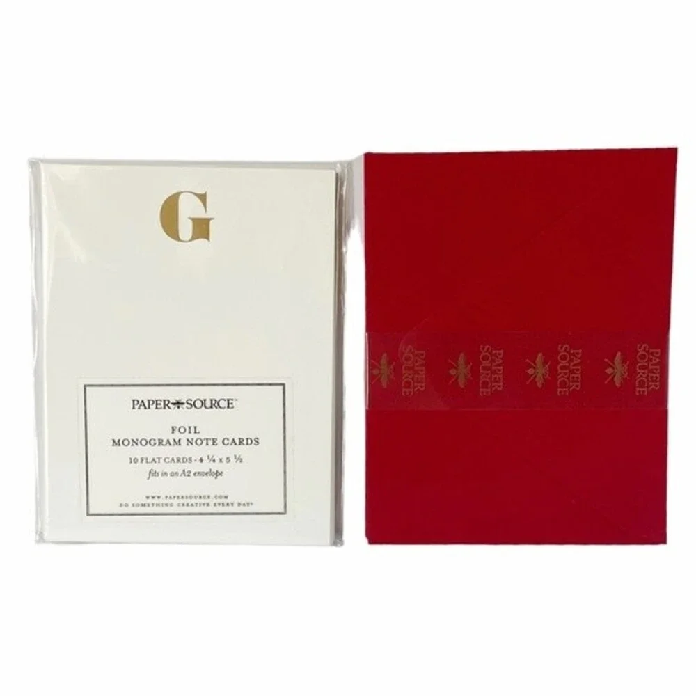 Monogram Notecard Set Gold Foil Print “G” White Card With Red Envelopes Set/10